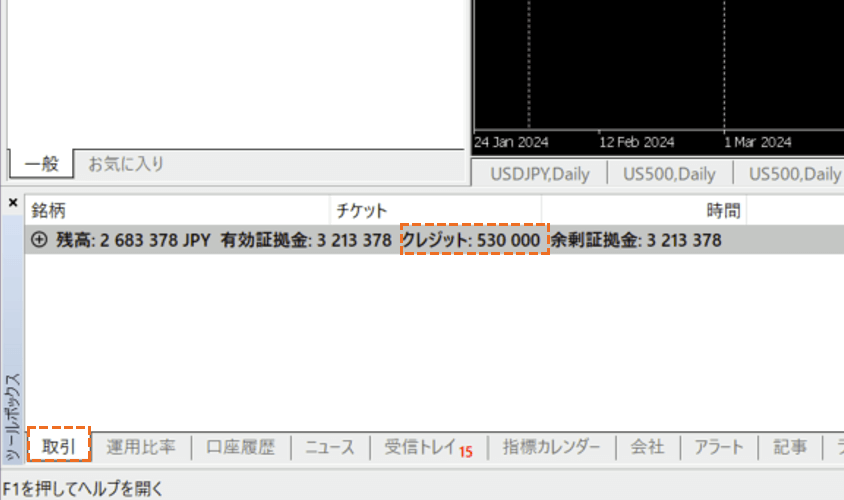 XM PC版MT4でのクレジット確認方法