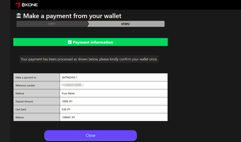 XMへBXONEでの入金決済完了