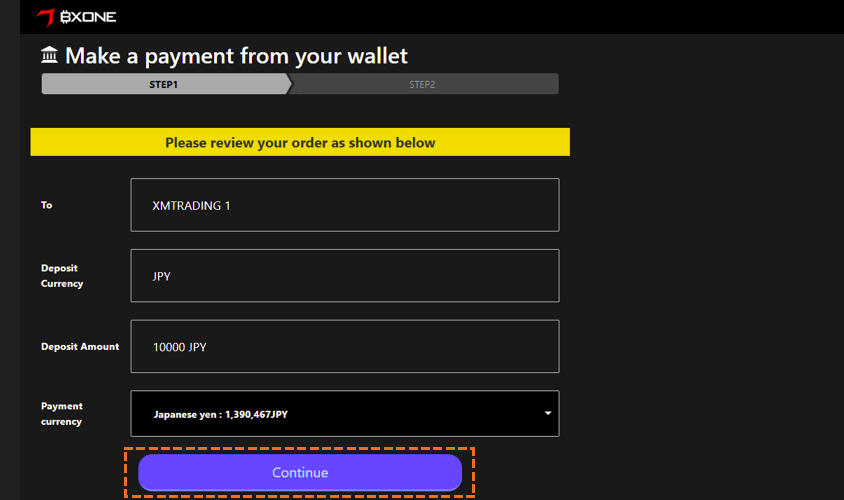 XMで国内銀行送金にて入金後bxoneへ移行した場合「continue」