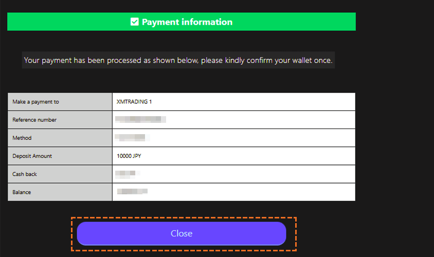 XMで国内銀行送金にて入金後bxoneへ移行した場合「close」