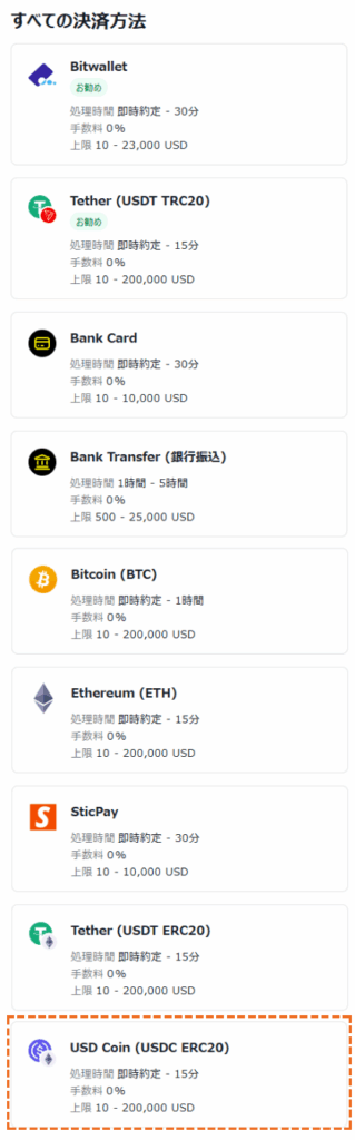 exness USDcoin入金の選択画面
