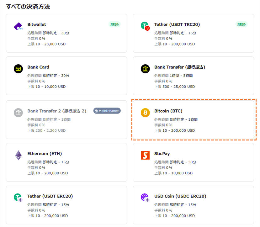 exness bitcoin入金の選択画面