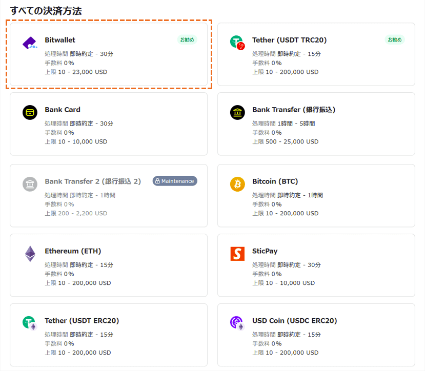 exness bitwallet入金の選択画面
