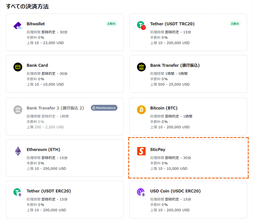 exness STICPAY入金の選択画面