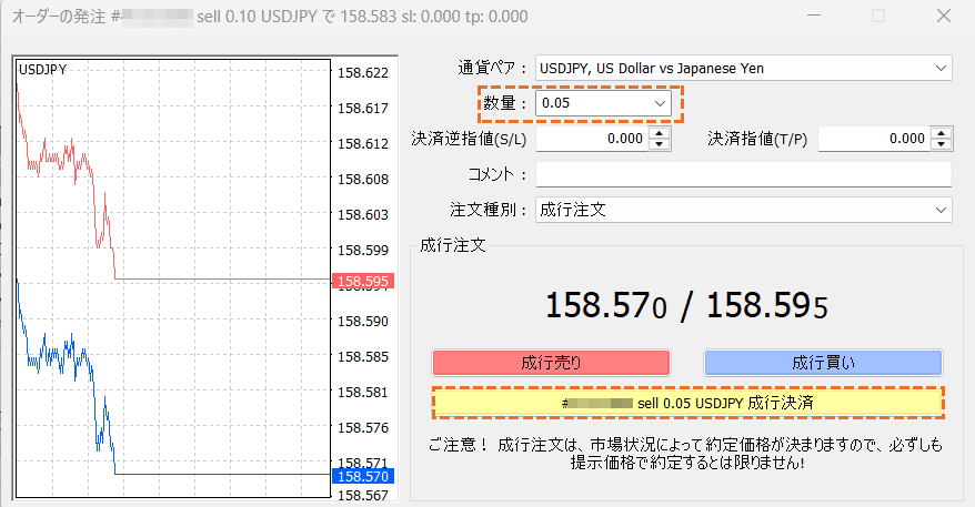 MT4ポジションの一部を決済する方法画面
