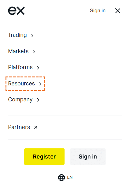 exness「Resources」ボタン